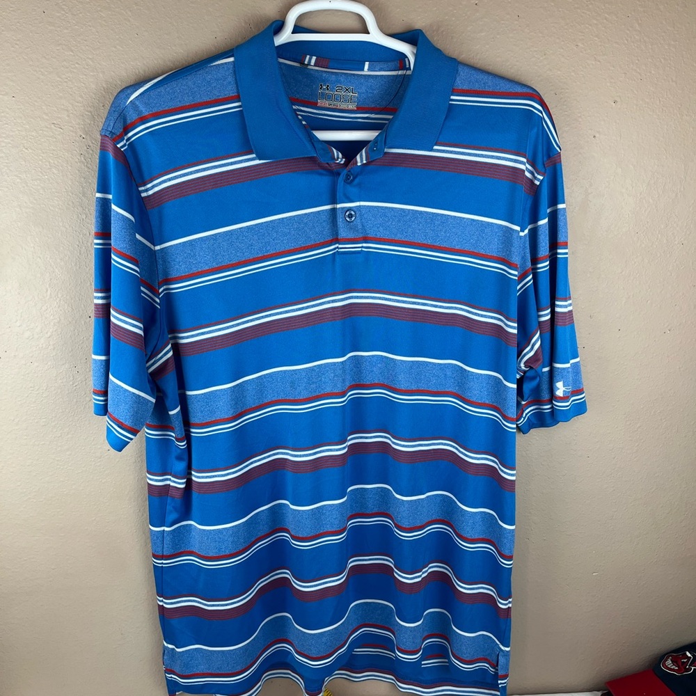 Under Armour Blue and Red Striped Golf Polo Shirt Loose Fit heatgear 2XL